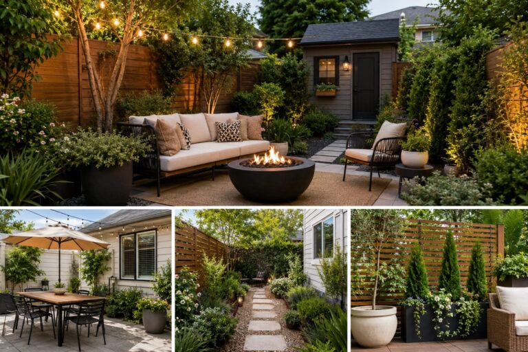 Small backyard design with patio seating, fire pit, string lights, garden path and privacy landscaping