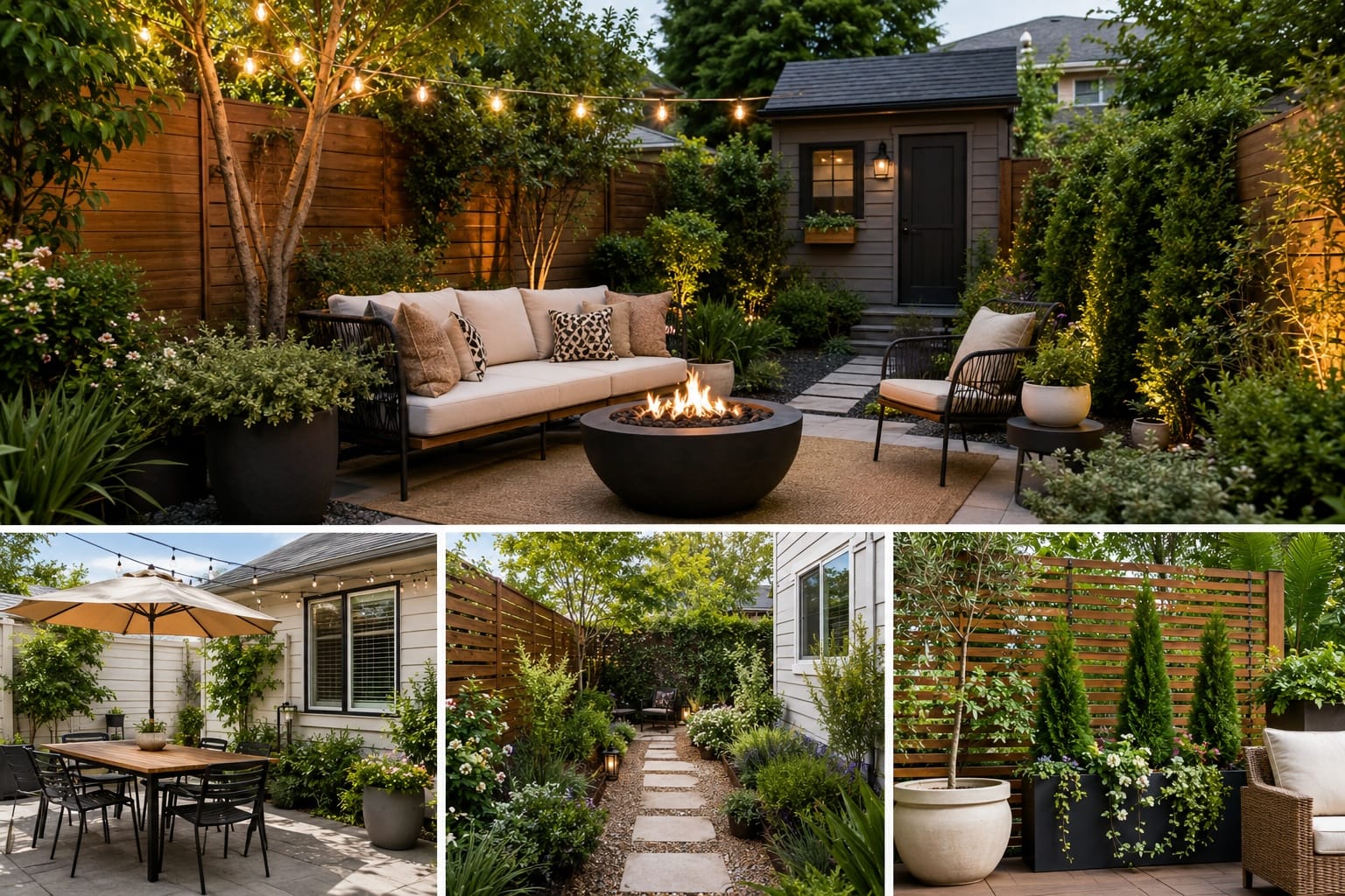 Small backyard design with patio seating, fire pit, string lights, garden path and privacy landscaping