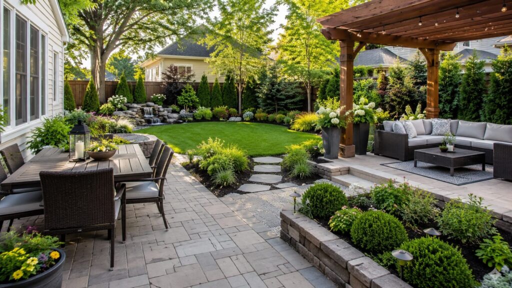 Backyard Patio with Pergola, Dining and Lounge Areas