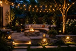 Backyard Patio with String Lights and Landscape Lighting