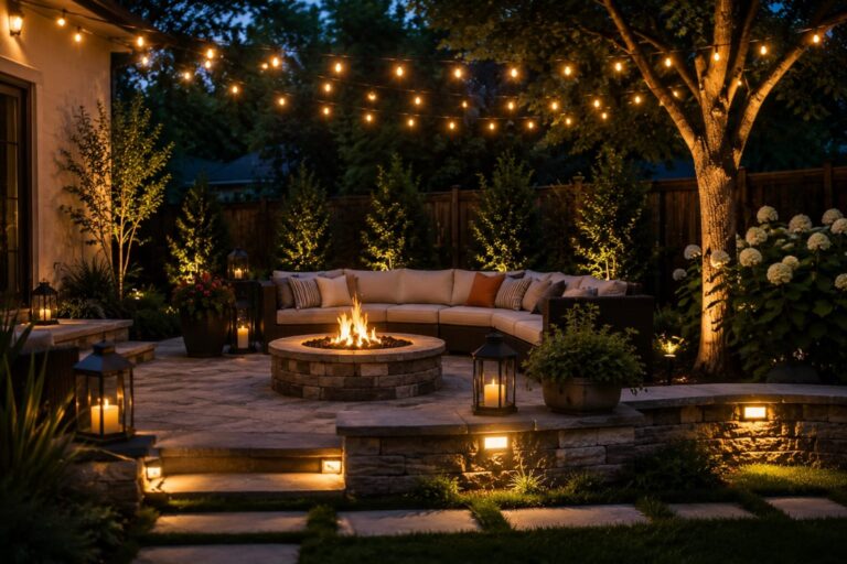 Backyard Patio with String Lights and Landscape Lighting