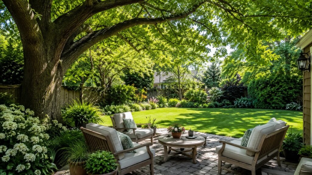 Backyard Seating Area Shaded by Mature Trees