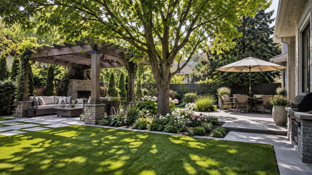 Backyard Shade Design with Pergola, Trees and Umbrella