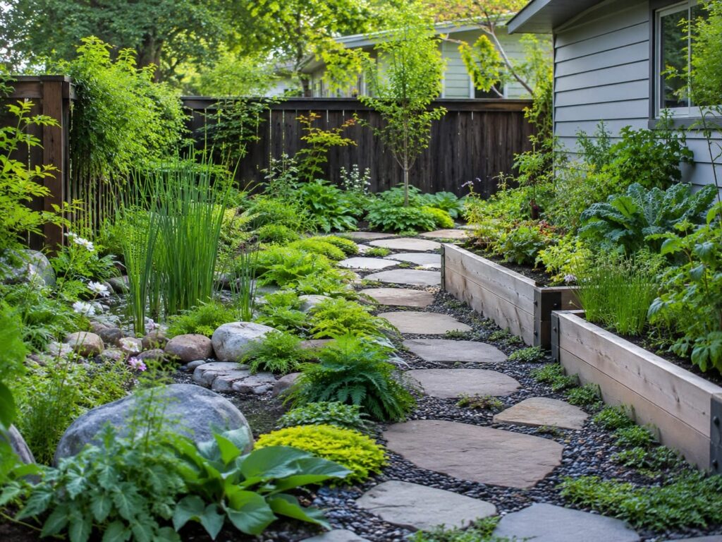 Backyard garden path with stepping stones, raised beds, lush plants, and organized landscape design