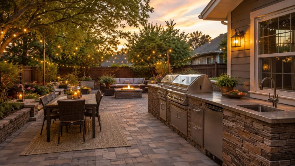 Backyard outdoor kitchen with dining area, fire pit and string lights at sunset