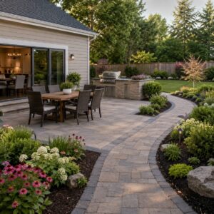 Backyard patio dining area with grill and garden walkway