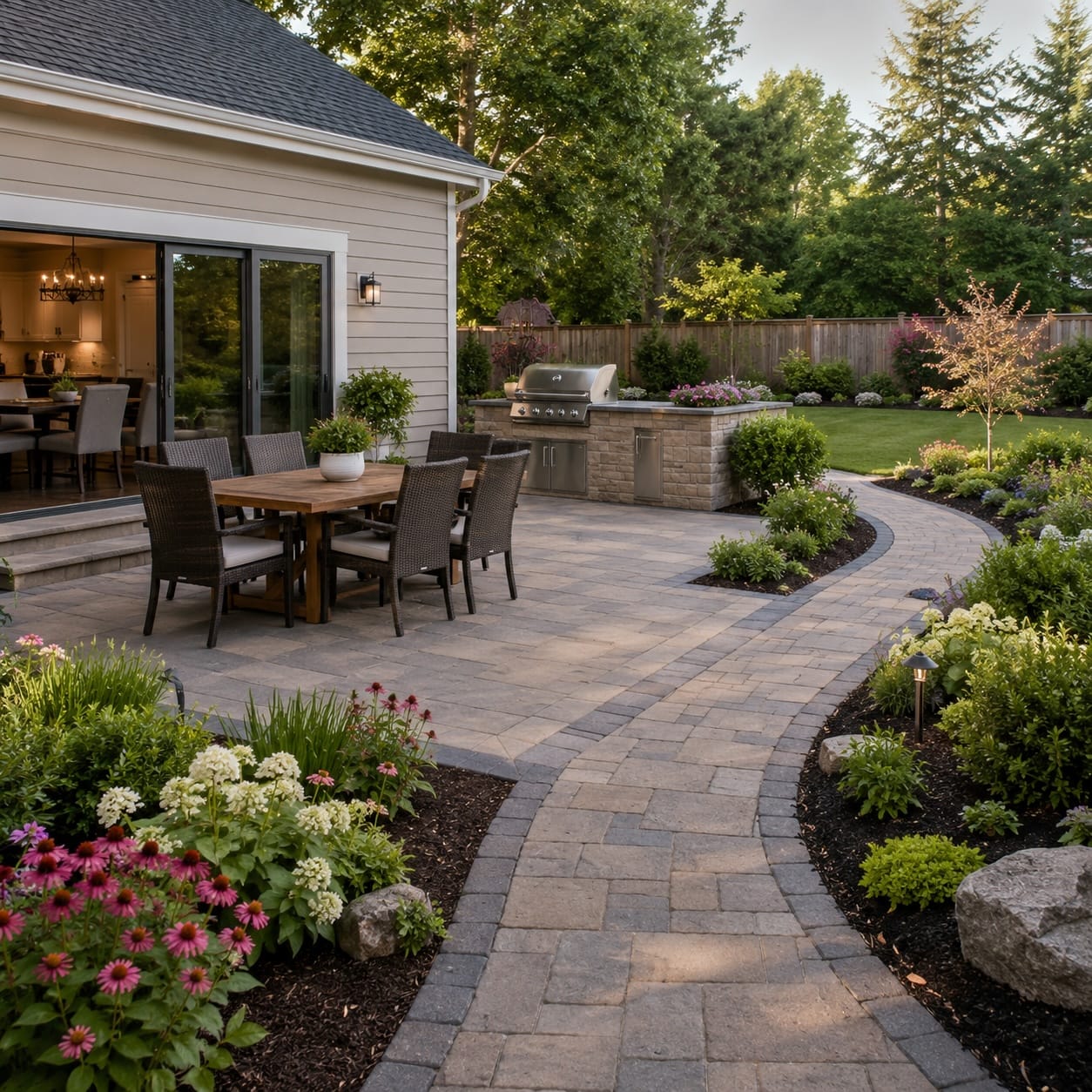 Backyard patio dining area with grill and garden walkway