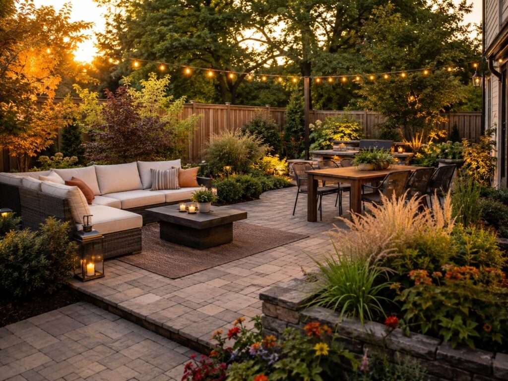 Backyard patio with outdoor seating, dining area, string lights, and lush landscaping at sunset