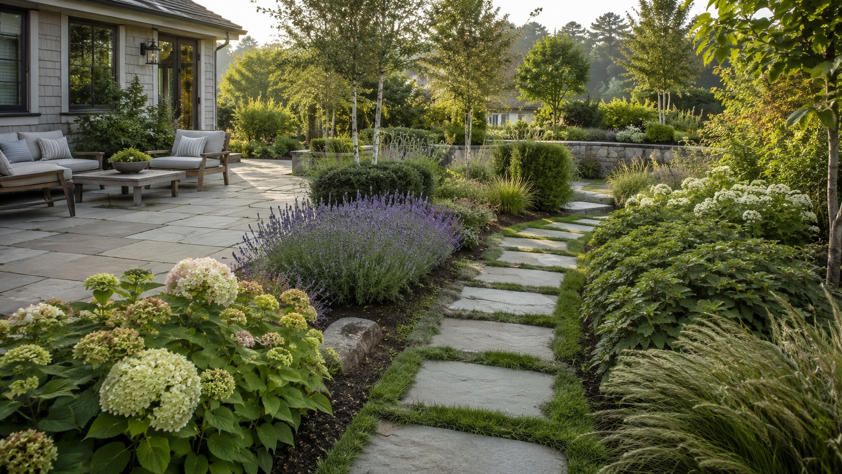Balanced Backyard Design with Stone Patio and Lush Planting