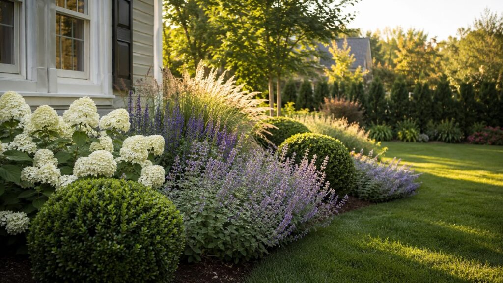 Balanced Foundation Planting with Shrubs and Perennials