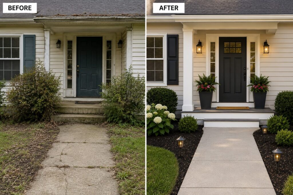 Before and after front entry curb appeal refresh