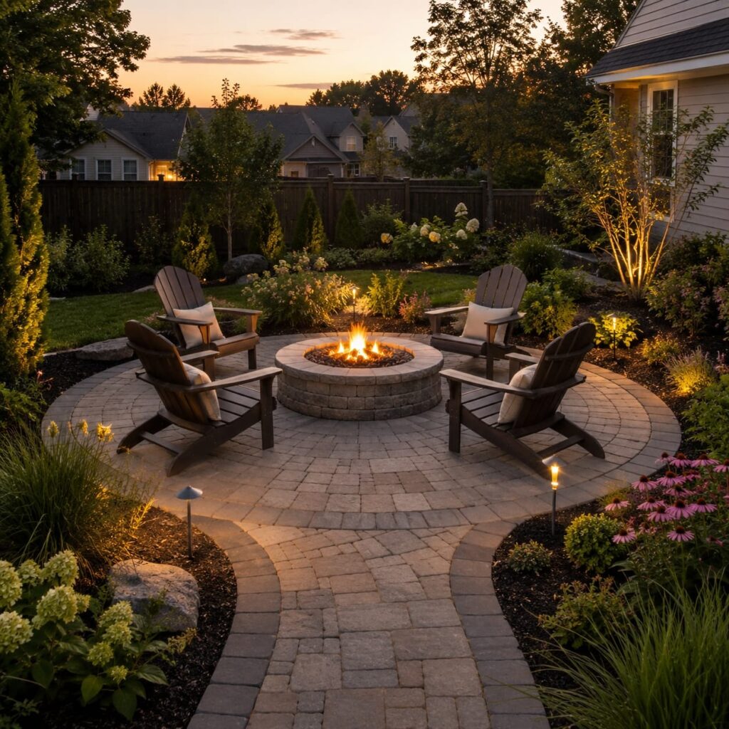 Circular fire pit patio with Adirondack chairs at sunset