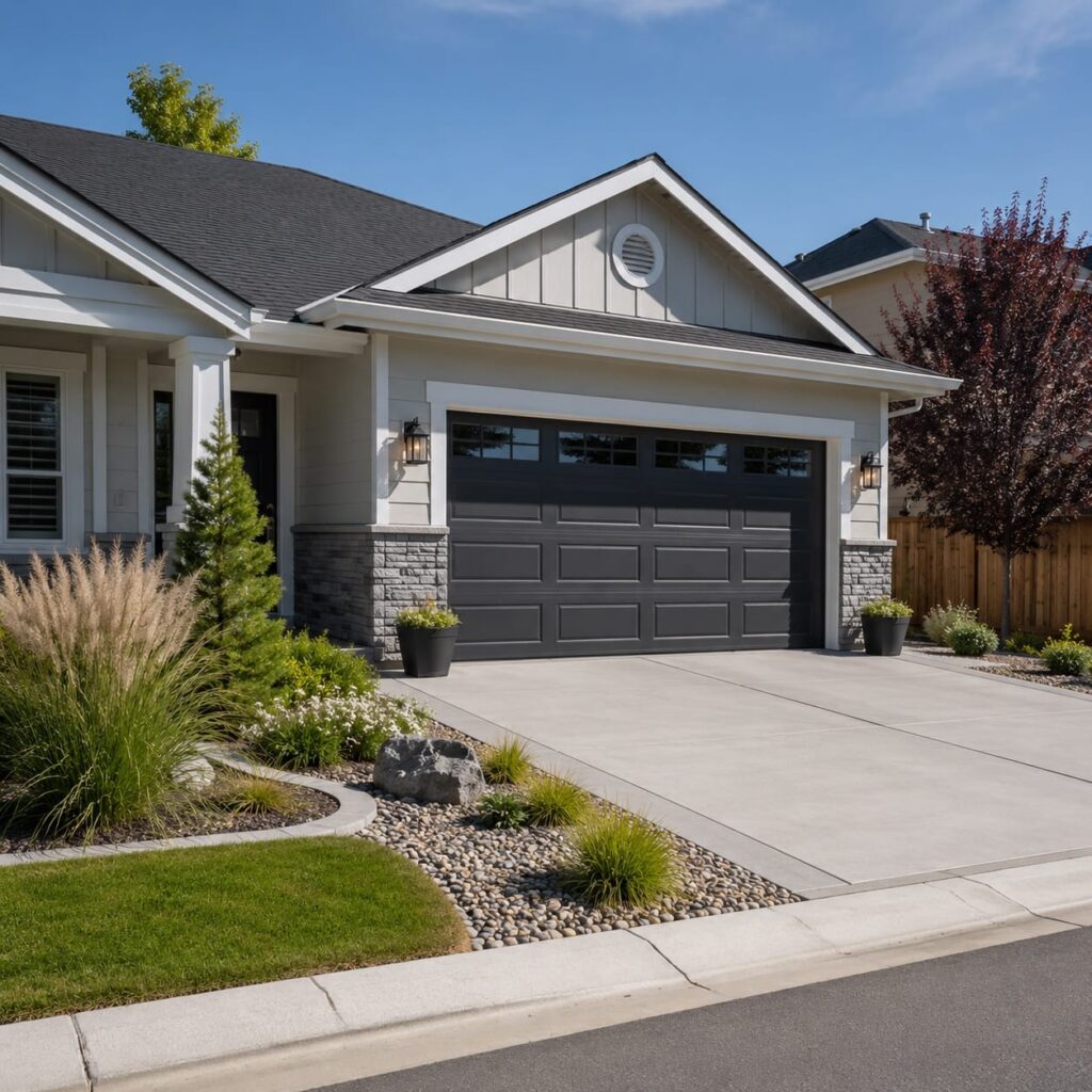 Clean garage and driveway curb appeal refresh with low-maintenance landscaping