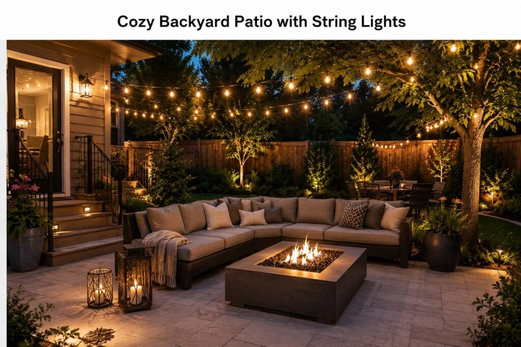 Comfortable Backyard Lounge with Warm String Lights