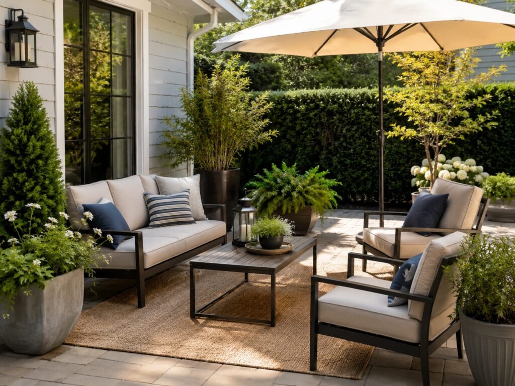 Comfortable patio seating area with outdoor sofa, umbrella, coffee table, planters and garden greenery