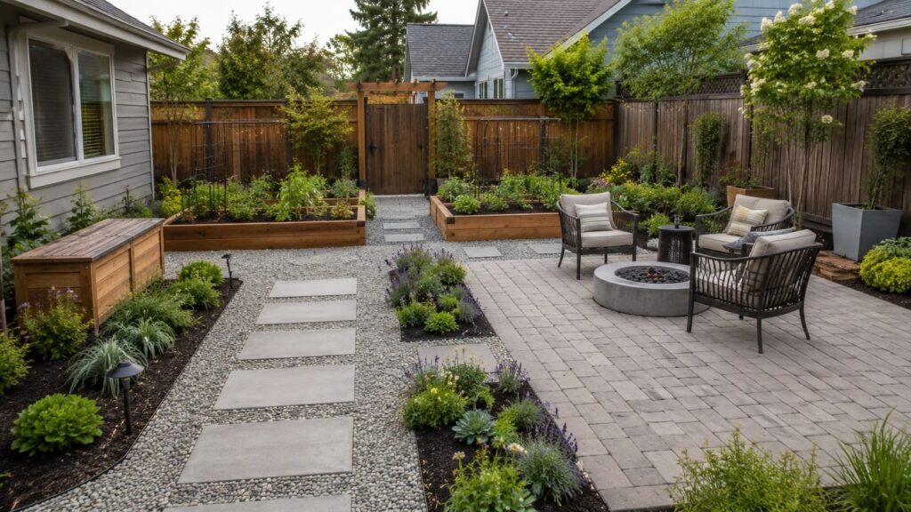 Compact Backyard with Raised Garden Beds and Fire Pit