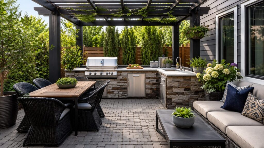 Compact outdoor kitchen under a pergola with dining and lounge areas