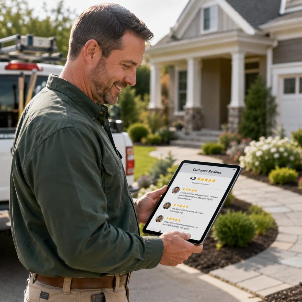 Contractor checking customer reviews after finishing a landscaping job