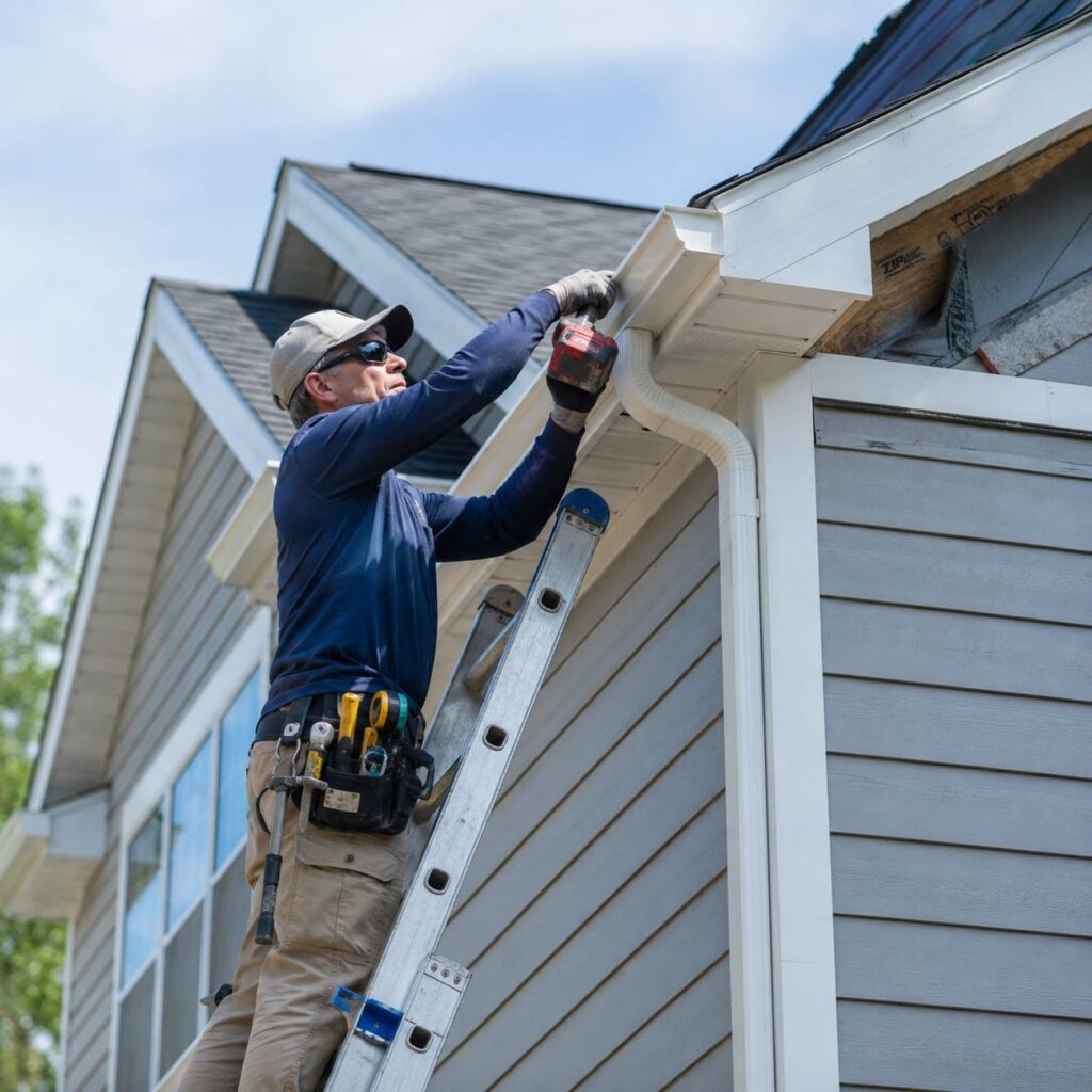 Contractor working on siding, gutters and roofline repairs