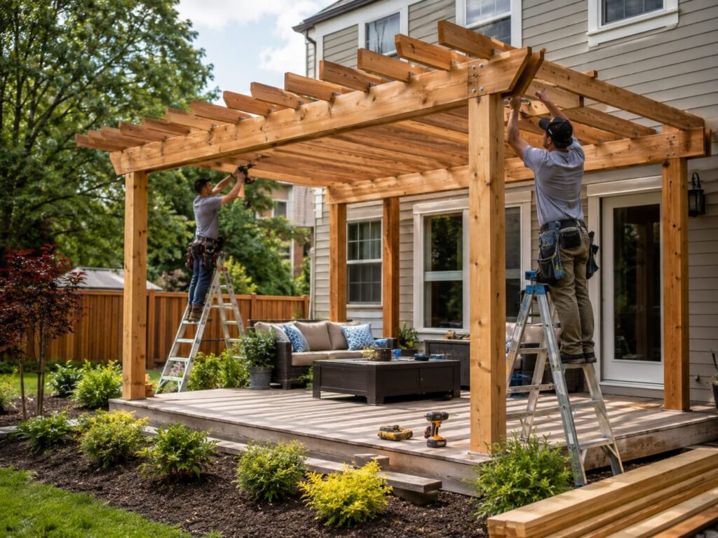 Contractors building a wooden pergola over a backyard deck