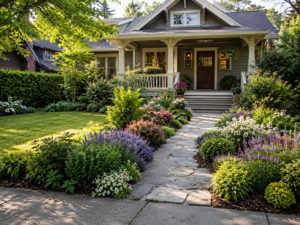 Cottage-style front yard with natural stone walkway, colorful flowering beds, and lush curb appeal landscaping