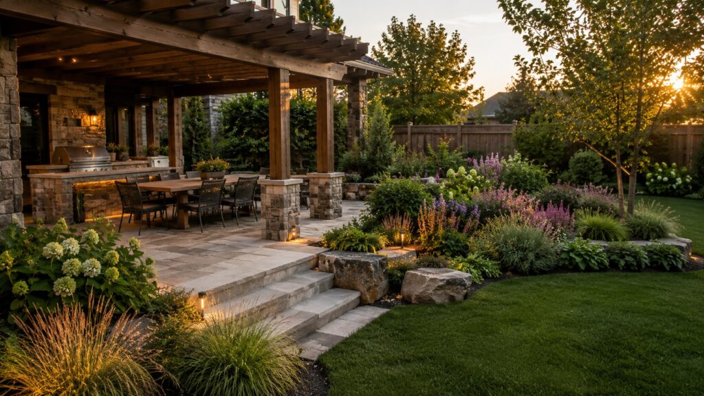 Covered Patio Blending Stonework with Soft Landscaping