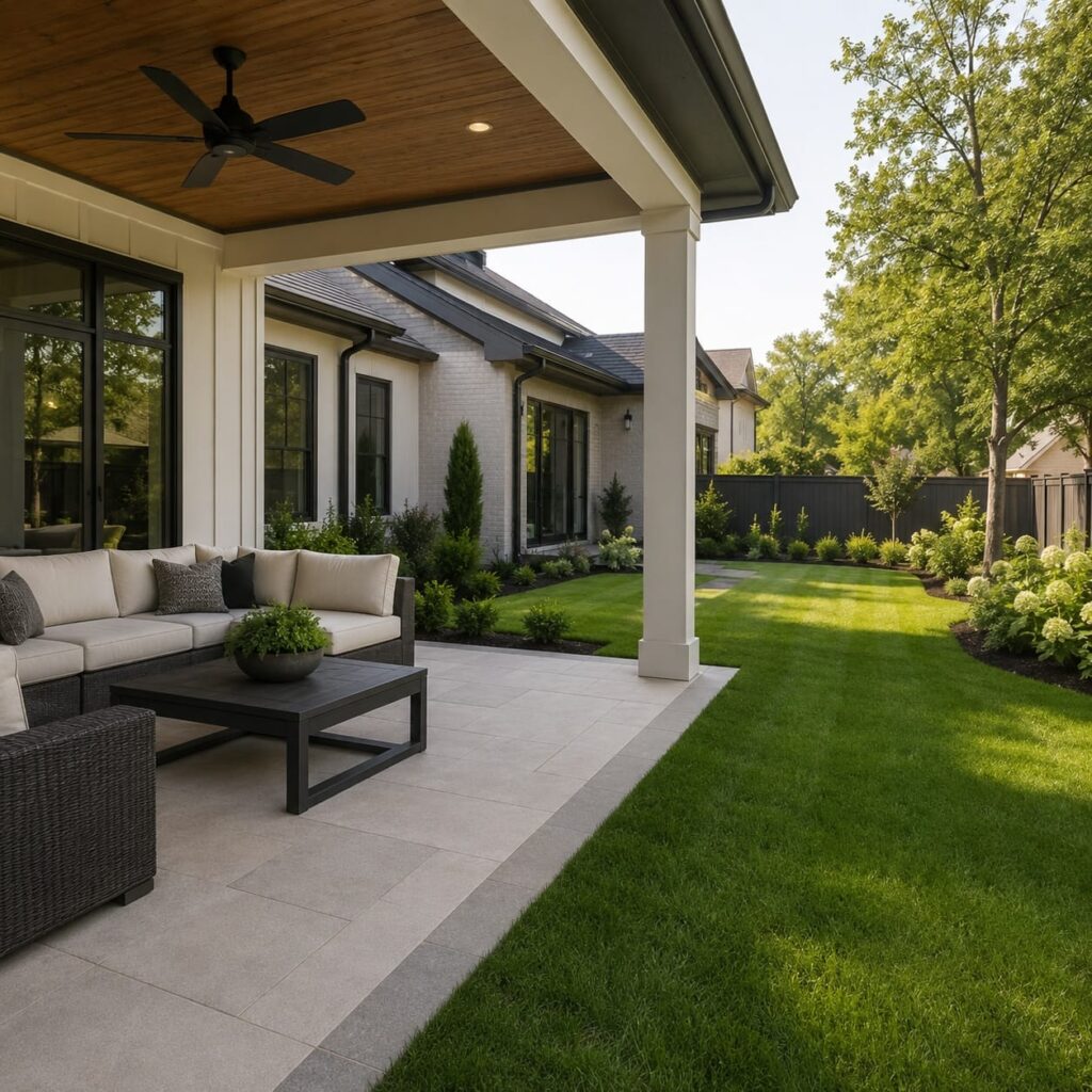 Covered backyard patio with lounge seating and green lawn
