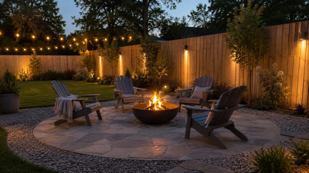 Cozy Backyard Fire Pit Area with Adirondack Chairs