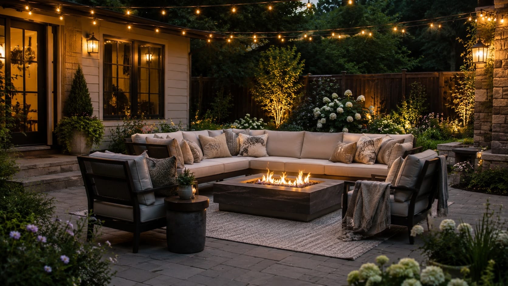 Cozy Backyard Fire Pit with String Lights