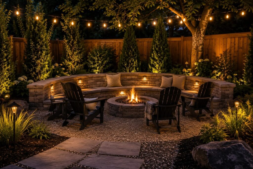 Cozy Fire Pit Area with Built-In Wall Lighting
