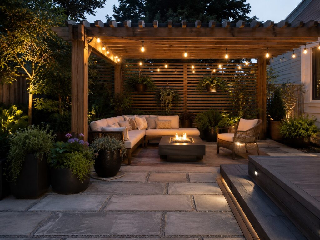 Cozy backyard lounge area with pergola, fire table, string lights, privacy screen and potted plants
