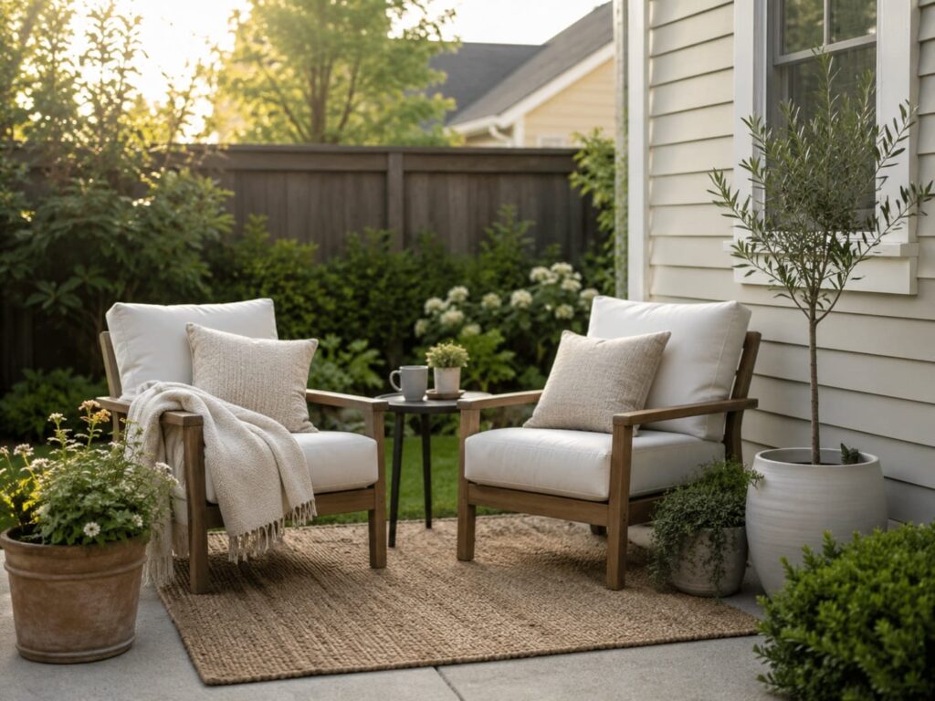 Cozy outdoor seating area with two cushioned chairs, side table, outdoor rug and potted plants