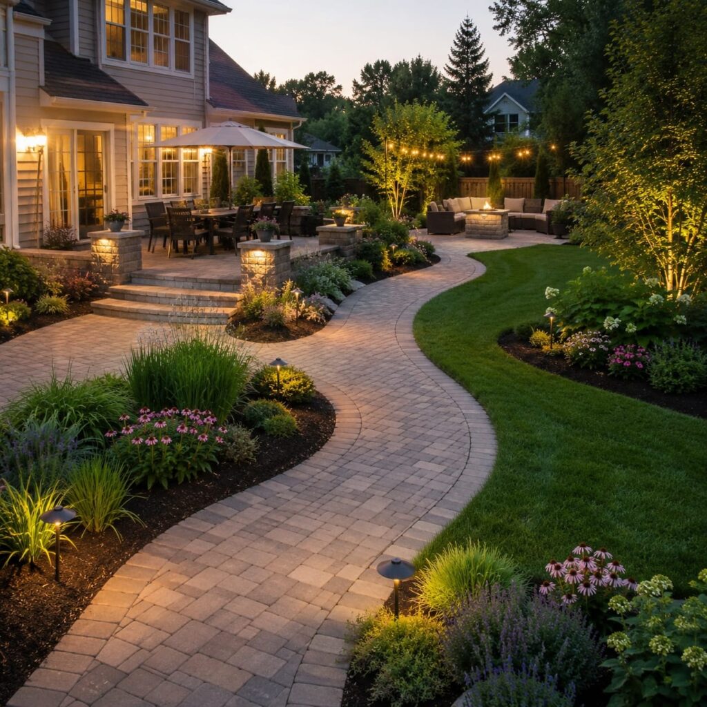 Curved paver walkway connecting backyard patio zones