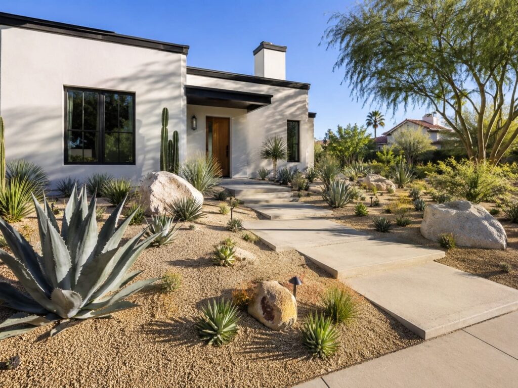 Drought-tolerant front yard with gravel, agave plants, boulders, and modern home entrance
