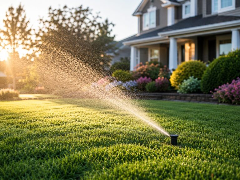 Efficient morning sprinkler watering a green residential lawn