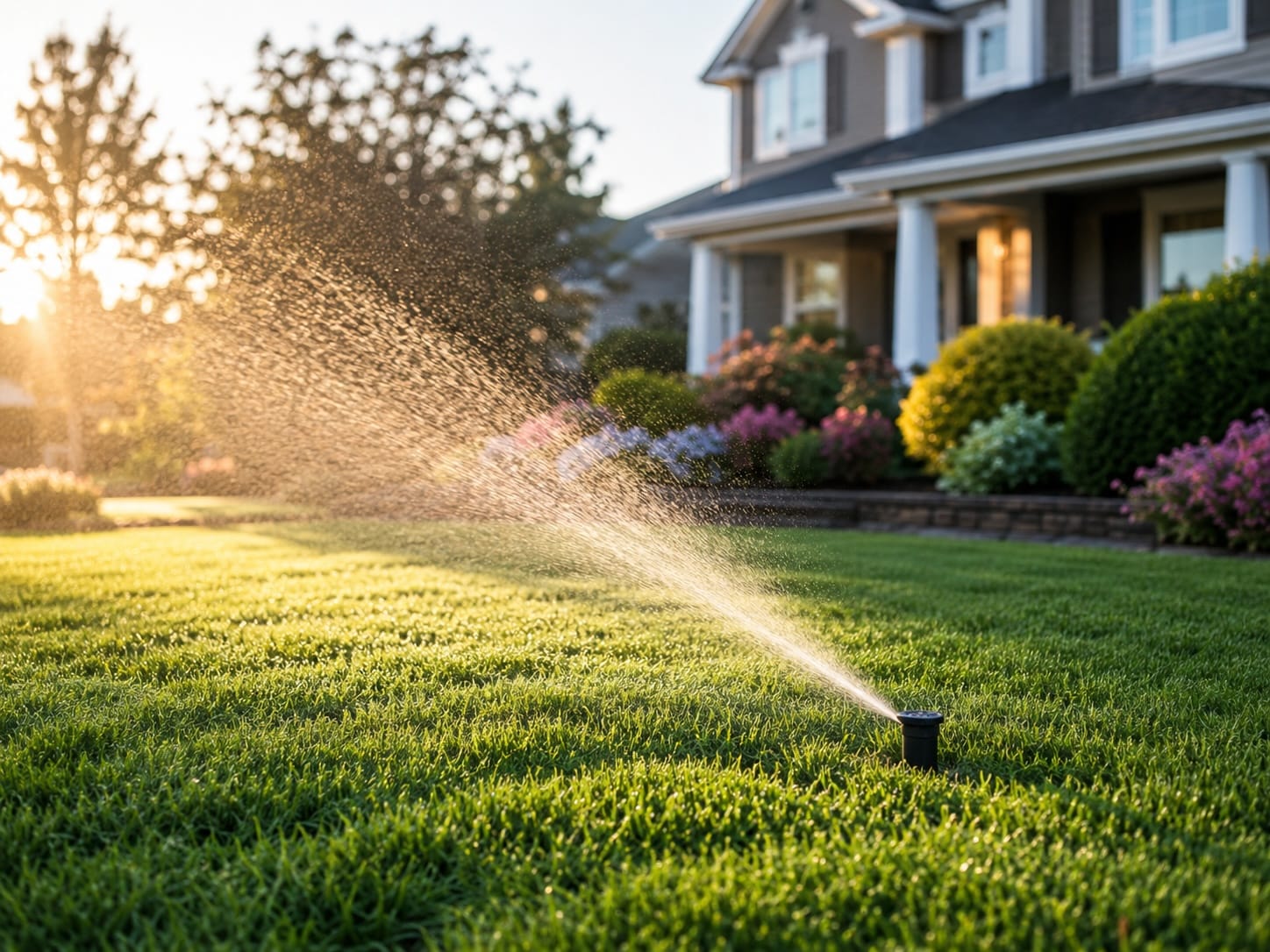 Efficient morning sprinkler watering a green residential lawn