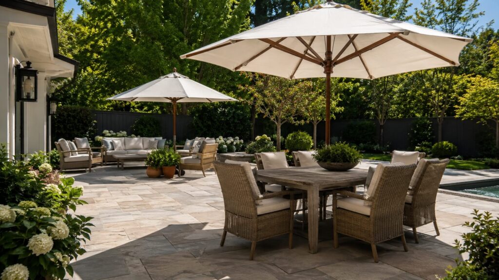Elegant Backyard Patio with Large Shade Umbrellas