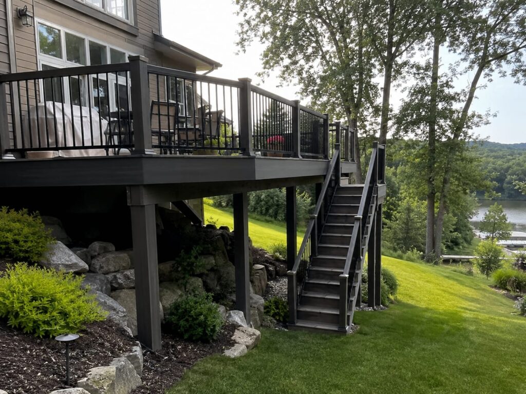 Elevated deck built for a sloped backyard with scenic view
