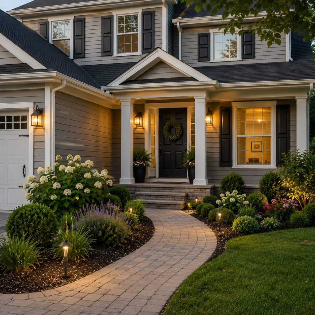 Evening curb appeal with exterior lighting and garden path