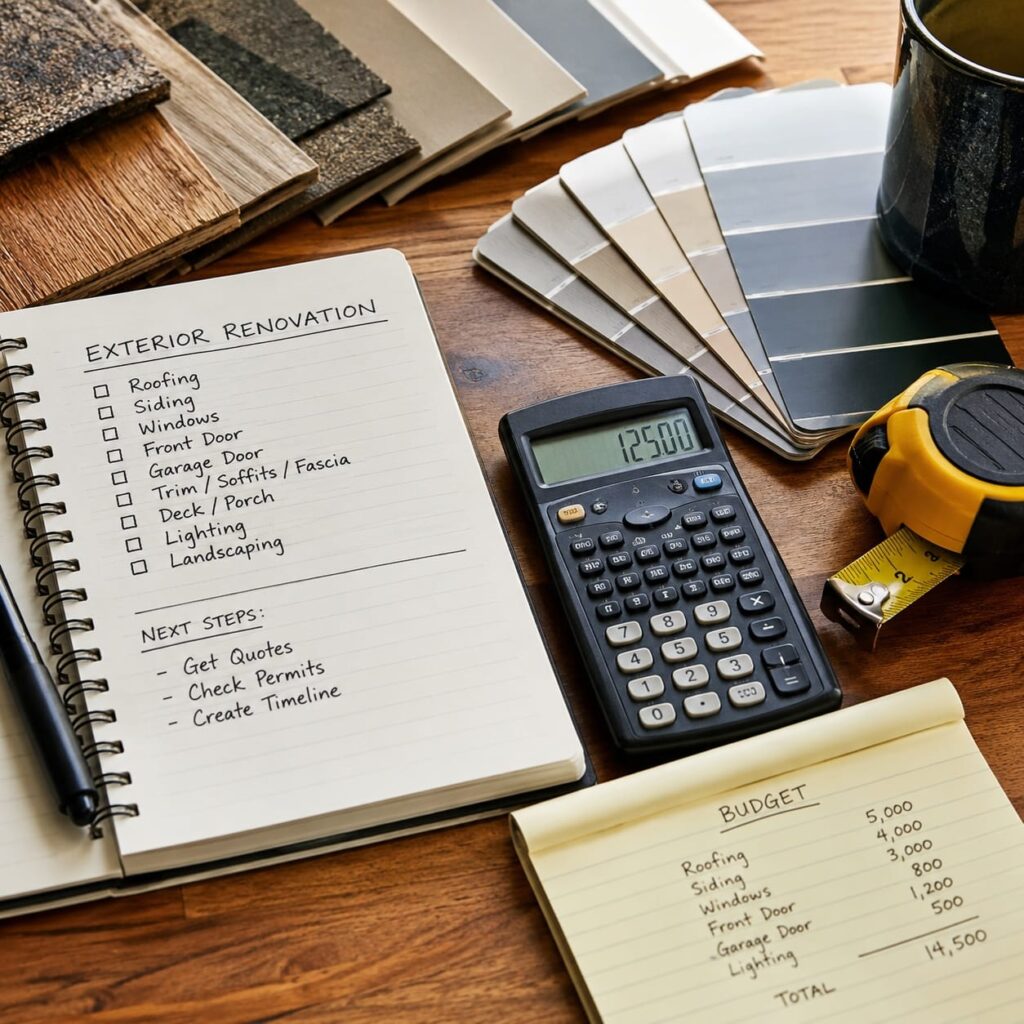 Exterior renovation checklist with material samples and budget notes