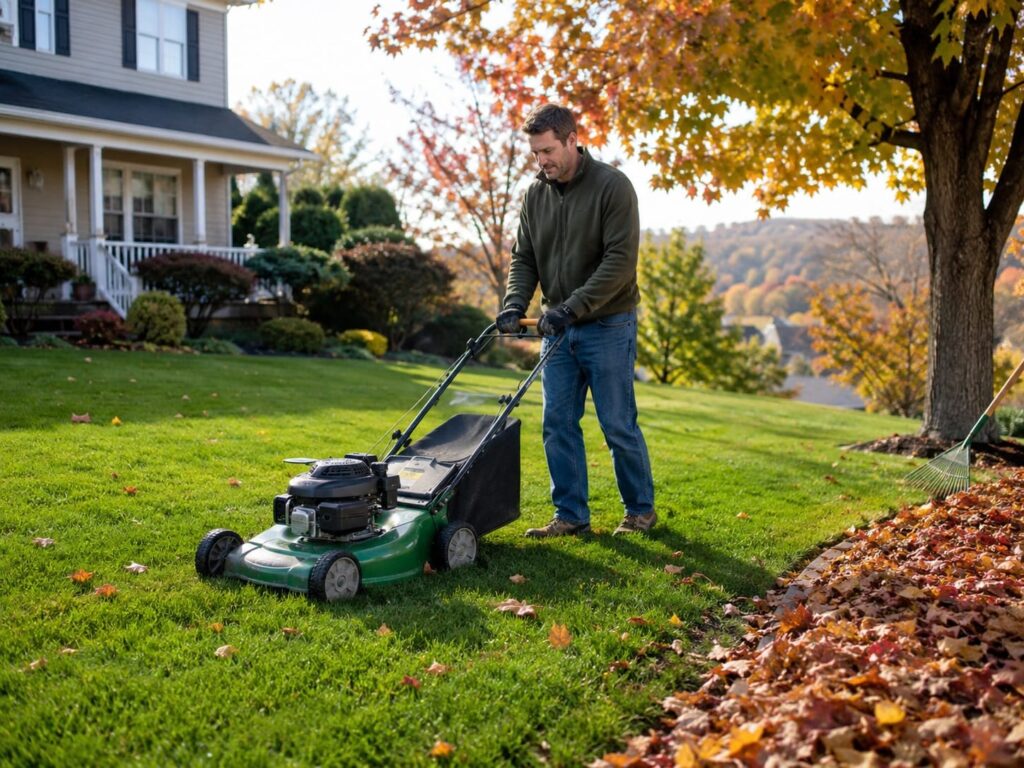 Fall lawn mowing and leaf cleanup before winter