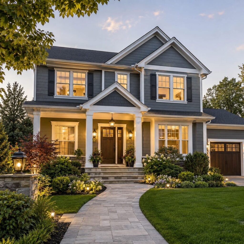 Finished renovated home exterior with lighting and landscaping