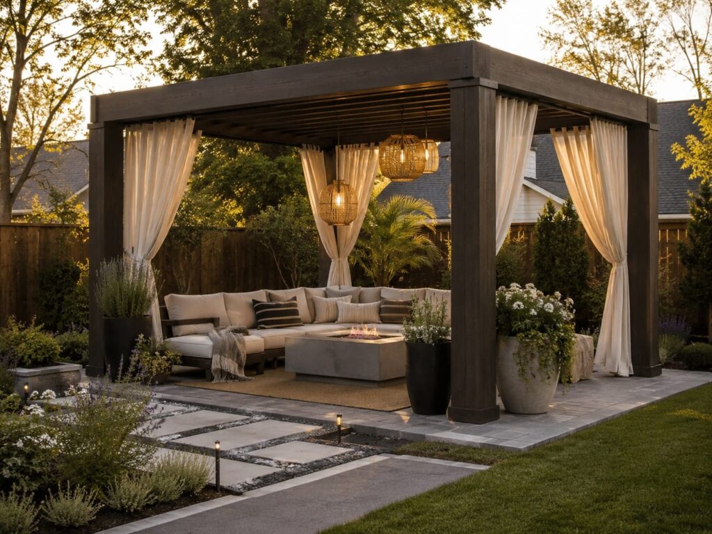 Freestanding pergola with curtains and cozy backyard lounge
