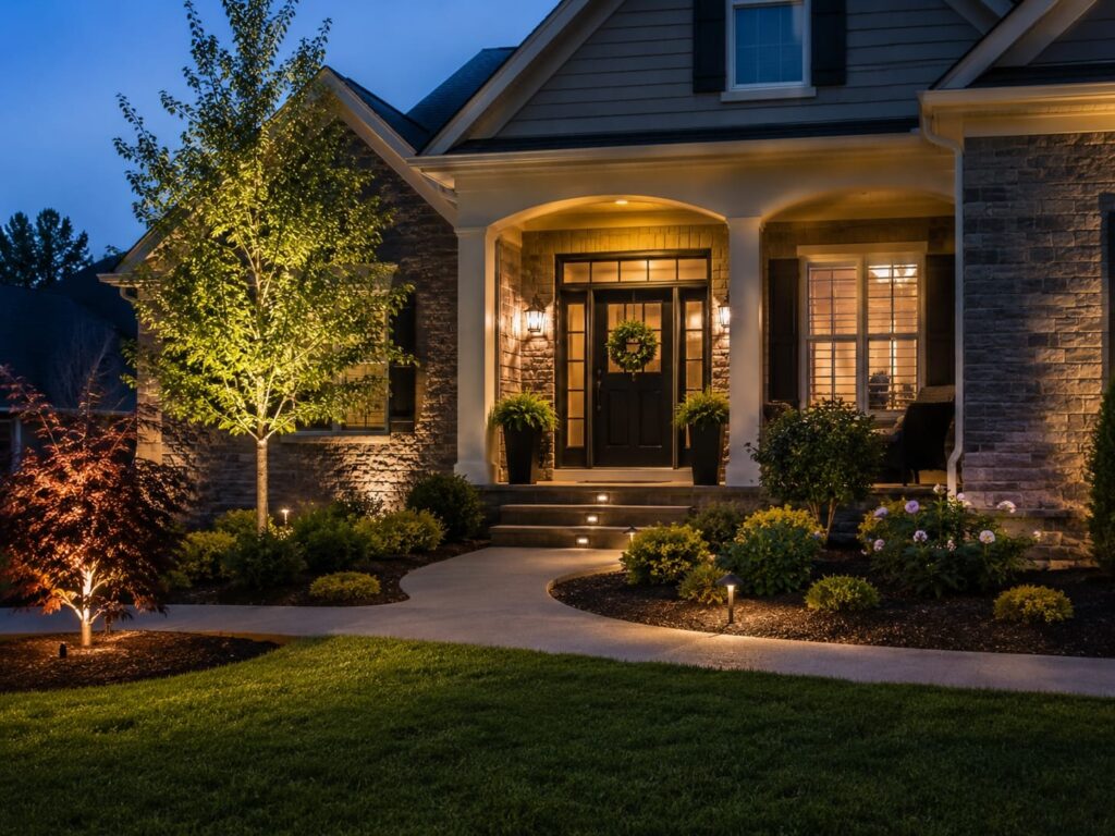Front yard landscape lighting with illuminated walkway, small trees, shrubs, and welcoming home entrance at dusk
