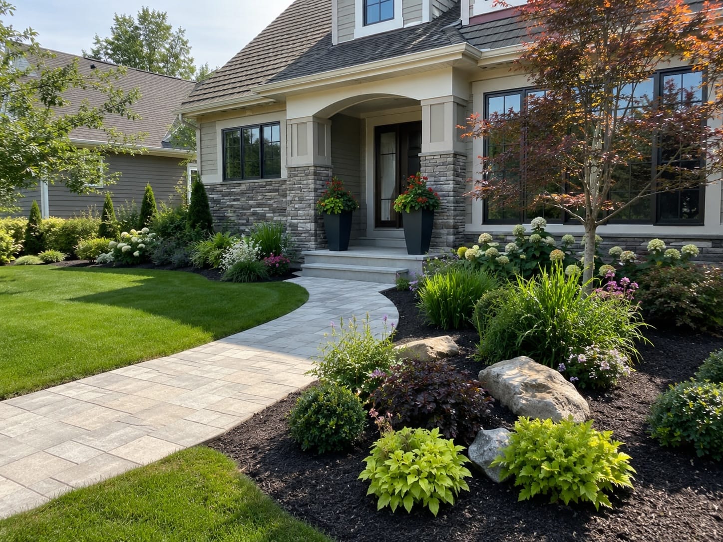 Front yard landscaping with curved stone walkway, layered garden beds, fresh mulch, and a welcoming home entrance