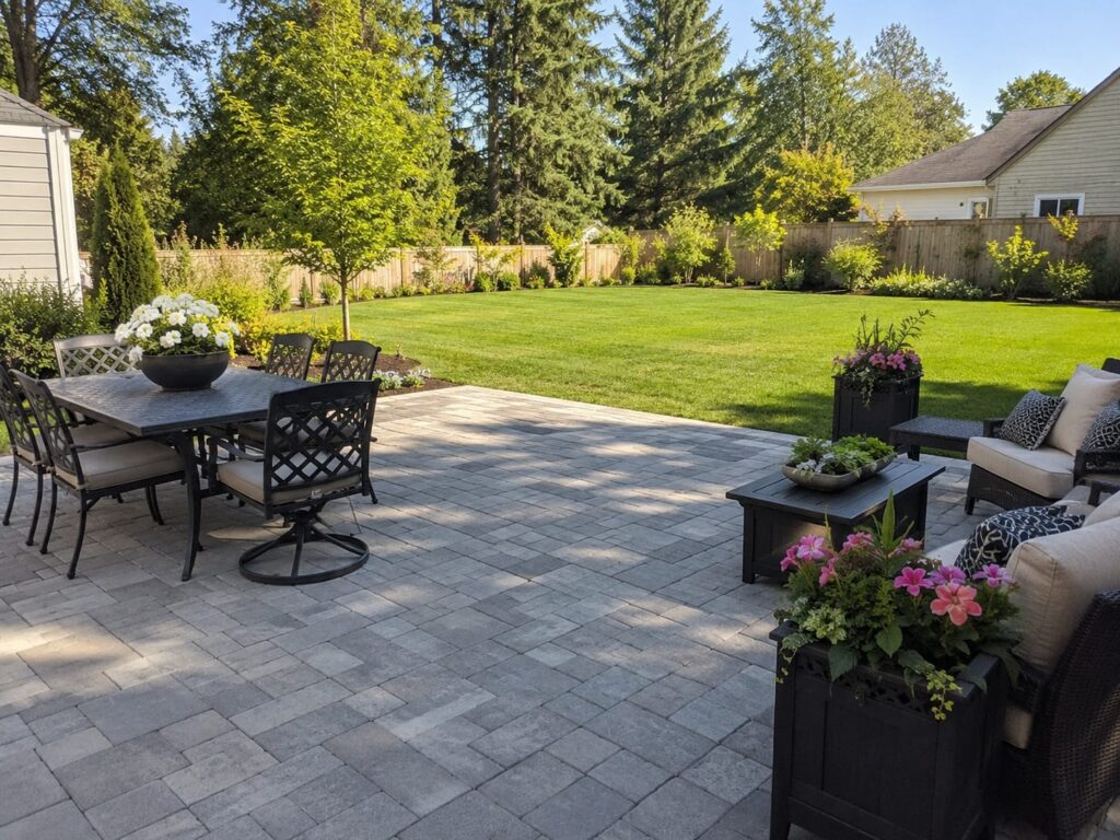 Ground-level paver patio with seating and landscaped lawn