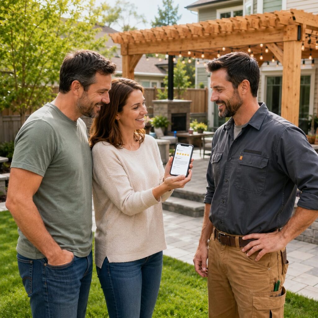 Happy homeowners sharing a five-star review with their contractor
