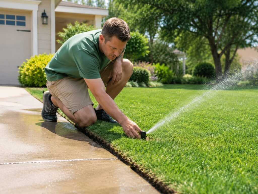 Homeowner adjusting a sprinkler to prevent water waste on the driveway