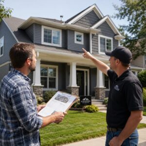 Homeowner and contractor reviewing exterior renovation plans