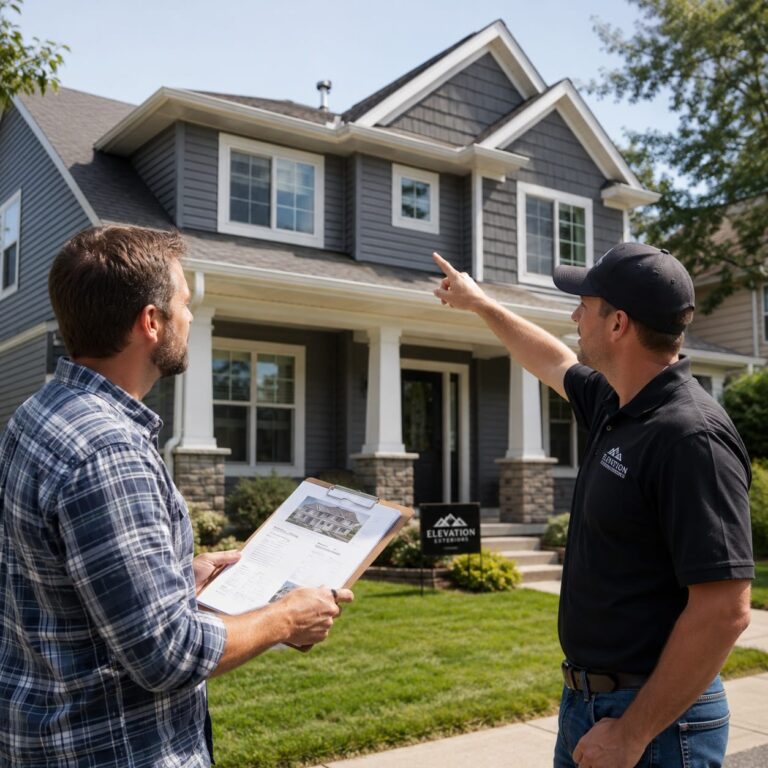 Homeowner and contractor reviewing exterior renovation plans